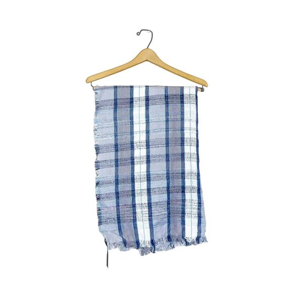 NEW Steve Madden Blue Plaid Oversize Scarf Pastel Boho Rectangle Raw Hem Fringe - Picture 1 of 6